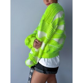 Women'S Sweater - Neon Green & White Color Block Pullover, Loose Fit Long Sleeve Sweater for Everyday & Formal Outfits, All-Season Layering Essential for Women, Vacation Outfit, Youthful Fashion, Quality Stitching, Stylish Top, Fashion Lovers