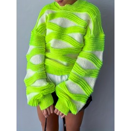 Women'S Sweater - Neon Green & White Color Block Pullover, Loose Fit Long Sleeve Sweater for Everyday & Formal Outfits, All-Season Layering Essential for Women, Vacation Outfit, Youthful Fashion, Quality Stitching, Stylish Top, Fashion Lovers