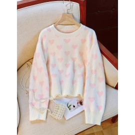 Women'S Pink Heart Sweater - Soft & Cozy Long Sleeve Pullover with Round Neck, Elegant Casual to Formal Wear, All-Season Comfort, Casual Wear Sweater | Round Neck Sweater | Soft Texture
