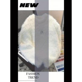 Korean Style Round Neck Sweater with Lazy Casual Metal Design Warm Faux Fur Pullover