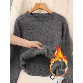 [Soft Thermal Sweater] Soft & Comfortable Women's Thermal Round-Neck Loose Fit Long Sleeve Sweater | All-Season Casual Top, Solid Color, Easy Care Hand Wash/Dry Clean, Medium Stretch, Clean Design