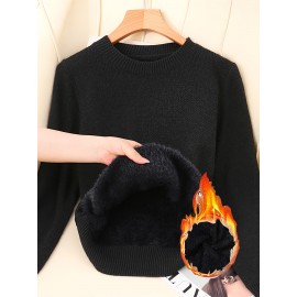 [Soft Thermal Sweater] Soft & Comfortable Women's Thermal Round-Neck Loose Fit Long Sleeve Sweater | All-Season Casual Top, Solid Color, Easy Care Hand Wash/Dry Clean, Medium Stretch, Clean Design