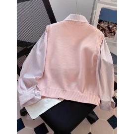 Women's Elegant Collar Sweater - Two-in-One Mock Layering Design, All-Season Office & Formal Events Sweater in Grey & Blue Horizontal Stripes, Non-Transparent Sweater for Women, Ladies Sweaters, Comfortable Fit