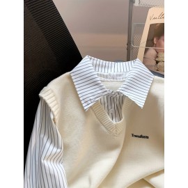 Women's Elegant Collar Sweater - Two-in-One Mock Layering Design, All-Season Office & Formal Events Sweater in Grey & Blue Horizontal Stripes, Non-Transparent Sweater for Women, Ladies Sweaters, Comfortable Fit