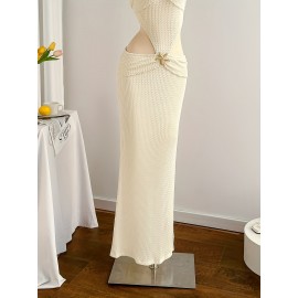 [Elegant Mermaid Dress] Elegant White Mermaid Dress | High-Waisted, Metallic Accent, Ruched Detailing - Perfect for Beach and Holiday Season