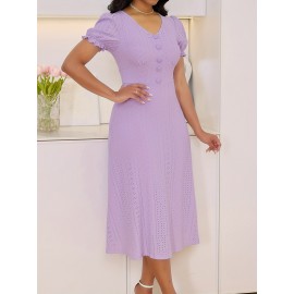 [Elegant Dress] Stretchy Elegant Women's V-Neck Short Sleeve Dress | A-Line Mid-Length Machine Washable with Ruffled Bell Sleeves & Button Detail for All-Season Versatile Wear