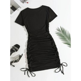 Women's 2pcs Set Summer Solid Color Striped Pleated Tie-Back Round Neck Short Sleeve Dress Special Edition