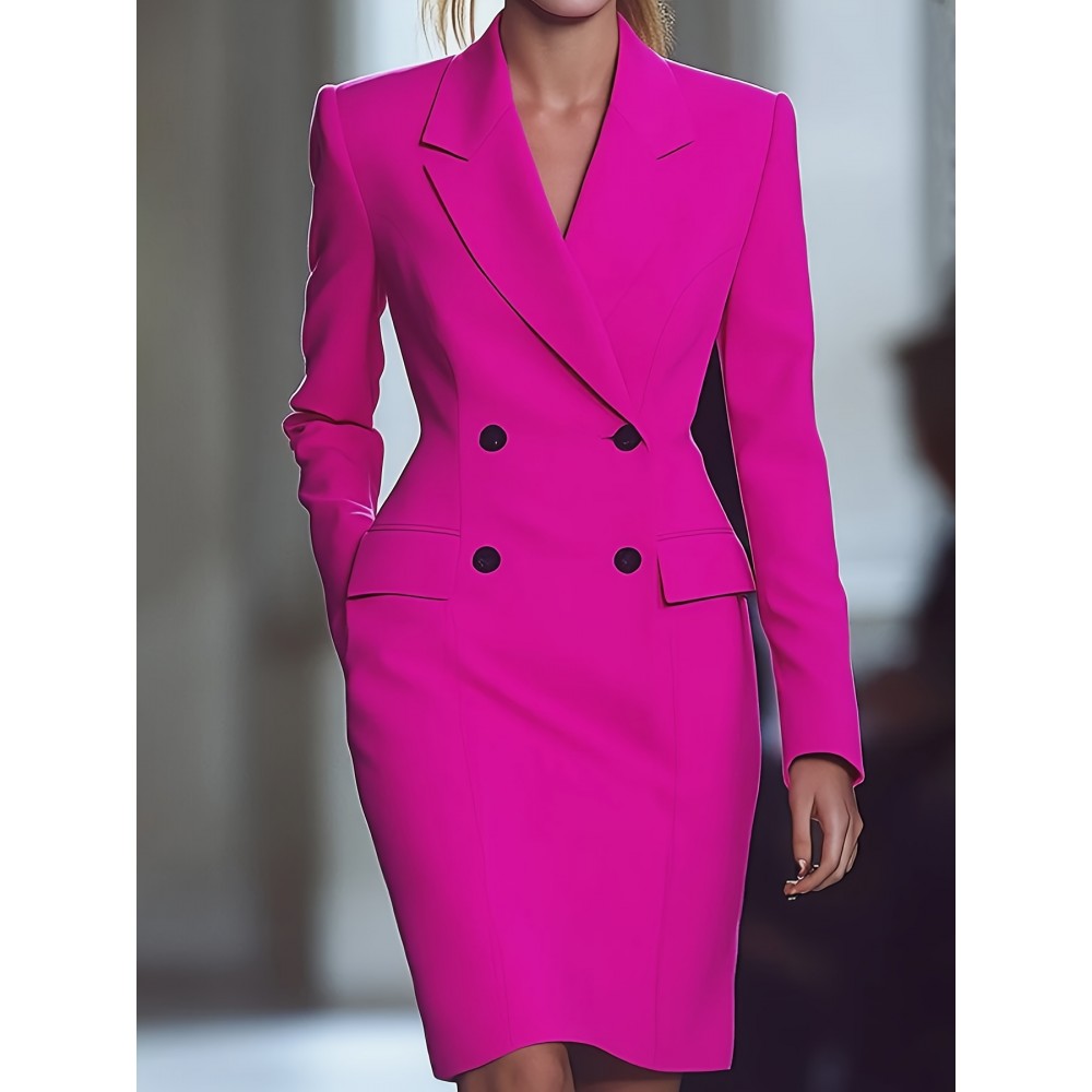 [Bright Pink Blazer Dress] Elegant Bright Pink Long Sleeve Blazer Dress | Women's Mid-Length Office & Casual Style with Double-Breasted Notch Lapel, Polyester Blend, Spring/Summer Collection, Versatile Fashion