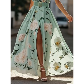 Women'S Elegant Floral maxi dress - One Shoulder Formal & casual party, Wedding Guest Gown - Lightweight Chiffon A-Line Dress with Flowy Train - Spring/Summer/Fall Evening Outfits - LL168, Spring Fashion, Asymmetrical Hemline, Delicate Detailing