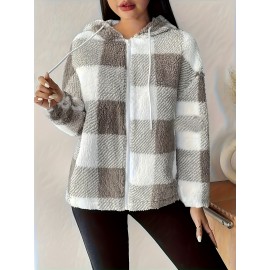 Women's Plush Coat - Non-Stretchy Beige & Brown Checkered Winter Jacket, Machine Washable Cold Weather Outerwear for Fall/Winter, Chic Everyday & Formal Events Coat, Winter Coats, Casual Winter Wear, Textured Fabric