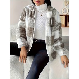 Women's Plush Coat - Non-Stretchy Beige & Brown Checkered Winter Jacket, Machine Washable Cold Weather Outerwear for Fall/Winter, Chic Everyday & Formal Events Coat, Winter Coats, Casual Winter Wear, Textured Fabric