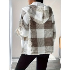 Women's Plush Coat - Non-Stretchy Beige & Brown Checkered Winter Jacket, Machine Washable Cold Weather Outerwear for Fall/Winter, Chic Everyday & Formal Events Coat, Winter Coats, Casual Winter Wear, Textured Fabric