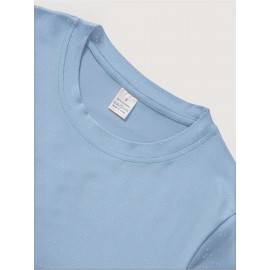 Women'S Sparkly Sequin Short Sleeve T-Shirt - Round Neck, Beige Casual Top for Spring/Summer, Glittery and Stylish, Perfect for Casual Attire