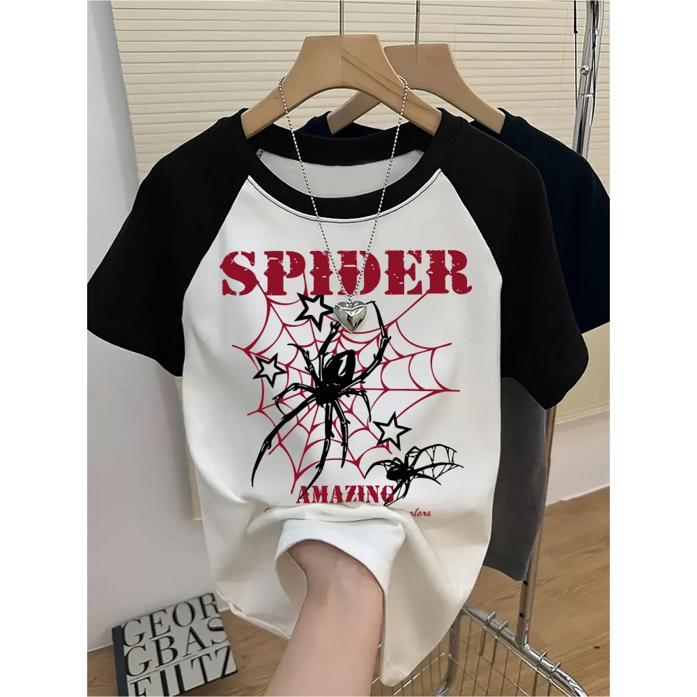 Women'S Spider Graphic T-Shirt - White & Black Color Block, Casual Crew Neck Short Sleeve Tee with 