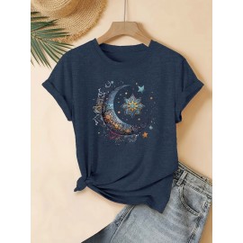 Women's Casual Short Sleeve Crew Neck T-Shirt - Vibrant Sun Moon Stars Paisley Print, Breathable Regular Fit Top for Spring Summer Fall, Machine Washable, Seasonal Fashion, Artistic Celestial Design, Comfortable Fabric