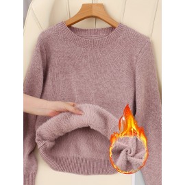 [Soft Thermal Sweater] Soft & Comfortable Women's Thermal Round-Neck Loose Fit Long Sleeve Sweater | All-Season Casual Top, Solid Color, Easy Care Hand Wash/Dry Clean, Medium Stretch, Clean Design