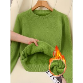 [Soft Thermal Sweater] Soft & Comfortable Women's Thermal Round-Neck Loose Fit Long Sleeve Sweater | All-Season Casual Top, Solid Color, Easy Care Hand Wash/Dry Clean, Medium Stretch, Clean Design