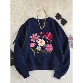 Women's Floral Print Crew Neck Sweatshirt - Pink with Multicolor Flower Design, All-Season Casual Pullover, Soft Machine-Washable Fabric, Cozy Everyday Sweater for Women (No Dry Clean)