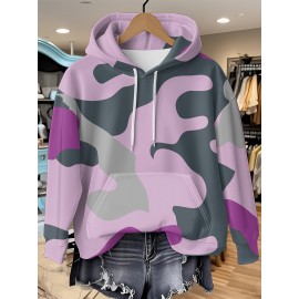 Women's Full-Body Pink & Green Camo Sweatshirt - Long Sleeve Hoodie with Drawstring Hood, Stretchy Polyester Pullover for Casual Streetwear, Everyday Outfits - Machine Washable Women's Clothing, Spring Autumn Apparel, Comfortable Fit