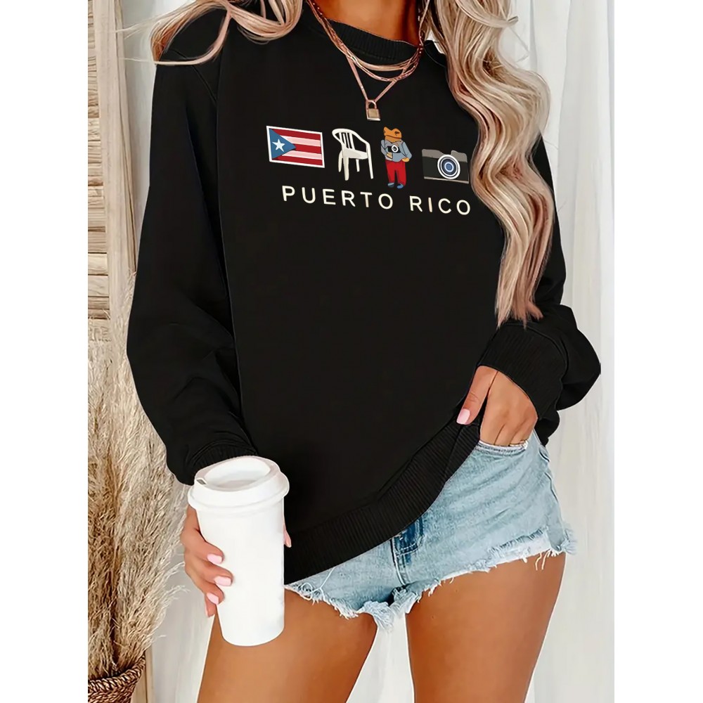 [Graphic Print Sweatshirt] Polyester Women's Puerto Rico Graphic Print Sweatshirt | Oversized Fit, Crew Neck Long Sleeve Pullover, Geometric Pattern with Applique Detail | Casual for Fall/Winter, Machine Washable
