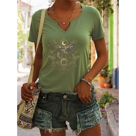 Women'S Vintage Norse Mythology Dragon Print V-Neck T-Shirt - Casual Short Sleeve, Regular Fit, All-Season Tee with Intricate Design, Machine Washable, Allseason Tee | Mythological Design | Comfortable Fit, Dragon Shirt